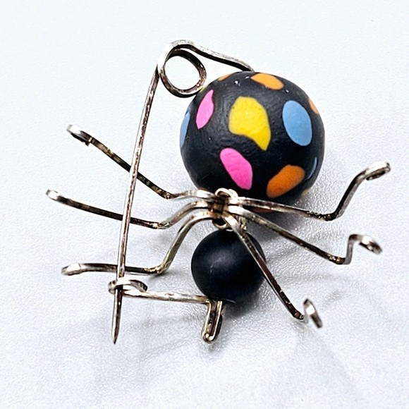 Vintage Spider Brooch 925 Sterling Silver Clay Halloween Black Widow - Picture 10 of 12
